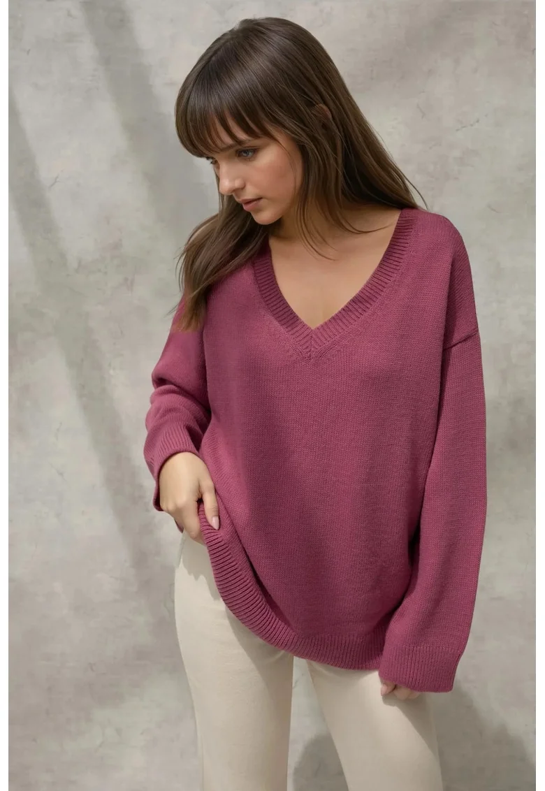 Pulover dama,  tricotat gros, decolteu in V, mov, tricot