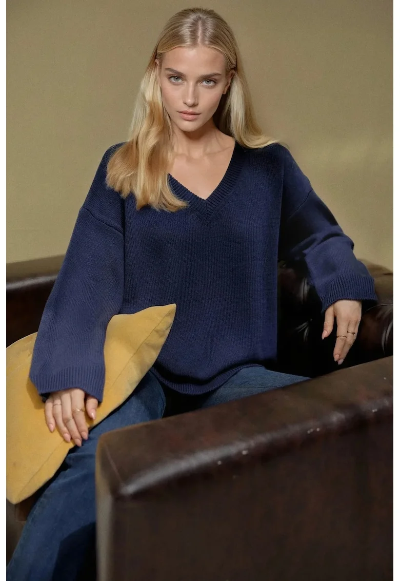 Pulover dama,  gros, decolteu in V, albastru, tricot