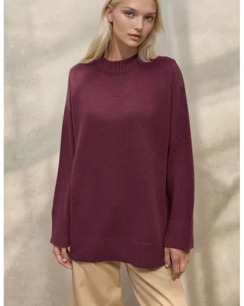 Pulover dama,  lung tricotat gros, guler rotund, mov, tricot