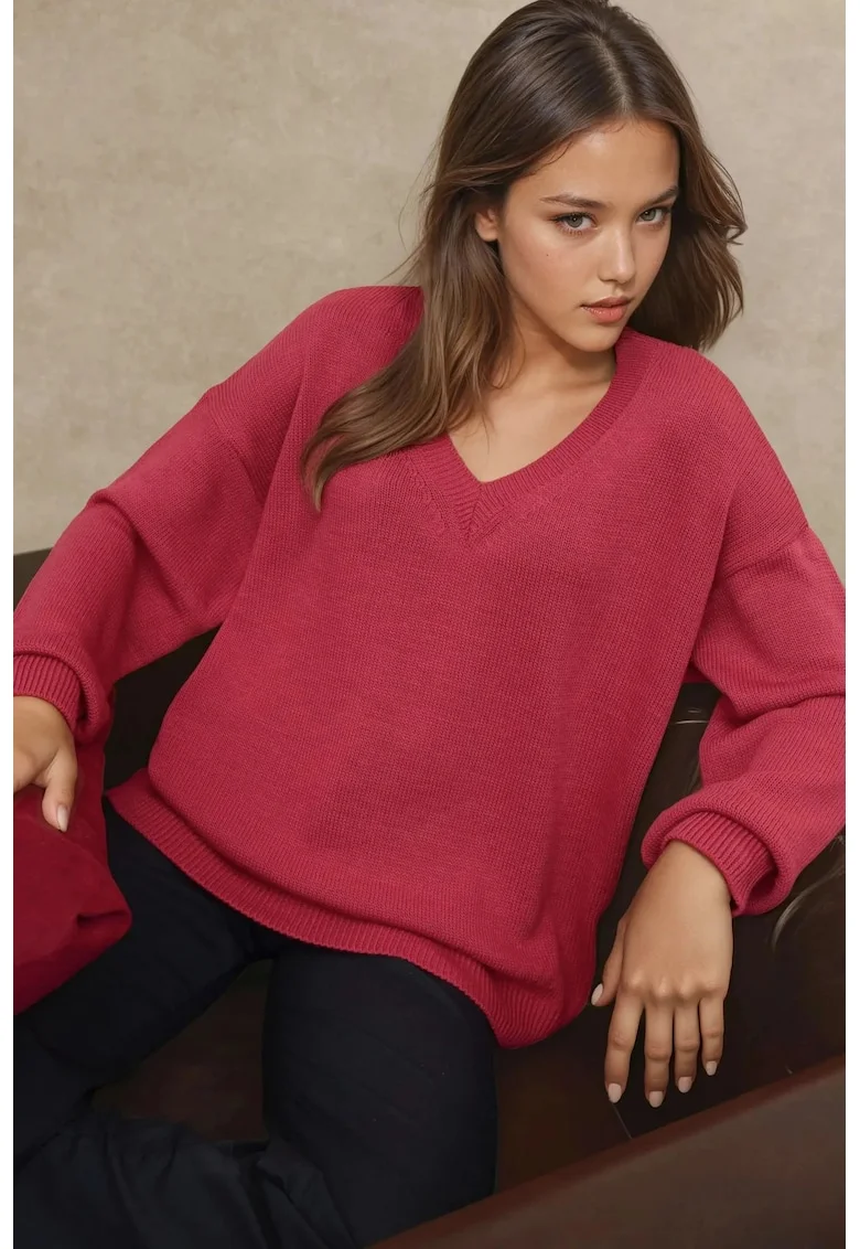 Pulover dama,  tricotat gros, decolteu in V, rosu, tricot