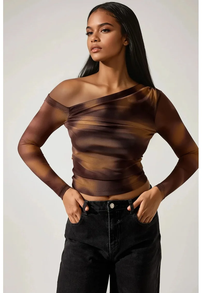 Bluza dama  decolteu asimetric, poliester/elastan, maro