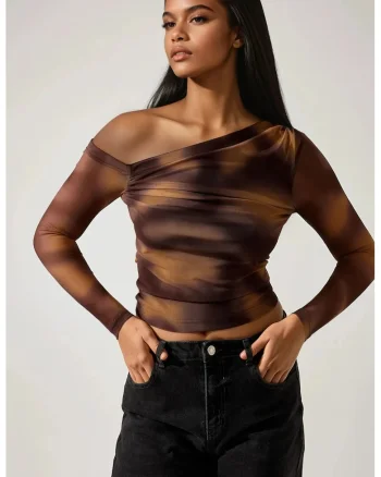 Bluza dama  decolteu asimetric, poliester/elastan, maro