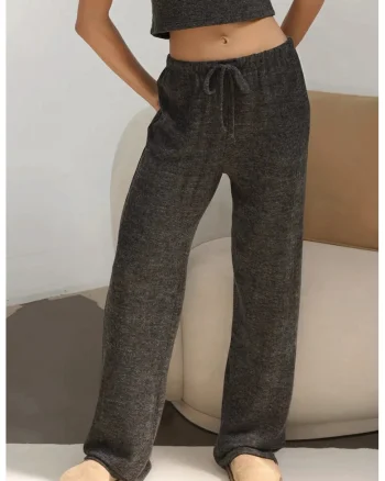 Pantaloni dama,  tricotati, talie inalta, gri inchis, poliester