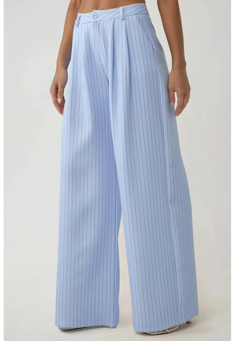 Pantaloni dama,  largi cu talie inalta, dungi, albastru, poliester