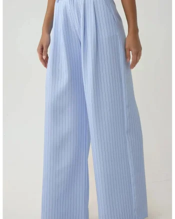 Pantaloni dama,  largi cu talie inalta, dungi, albastru, poliester