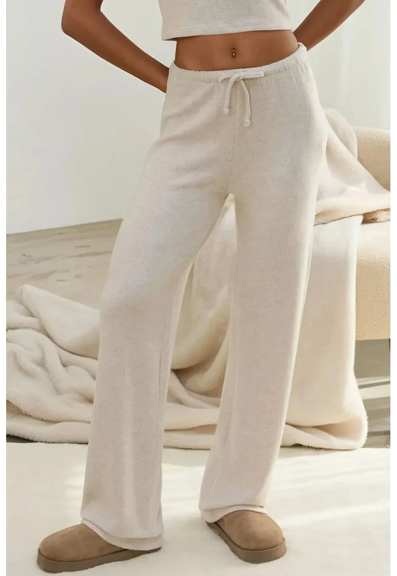 Pantaloni dama,  tricotati, talie inalta, crem, material moale