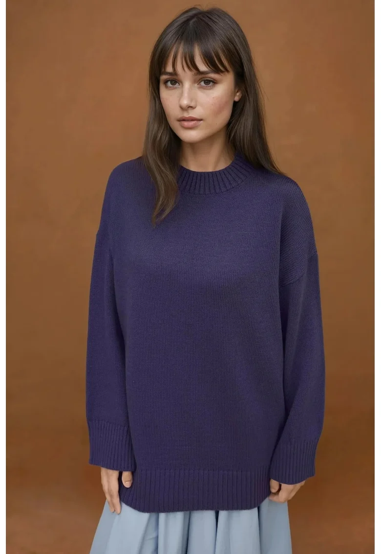 Pulover dama,  lung tricotat din material gros, guler rotund, albastru lavanda, tricot