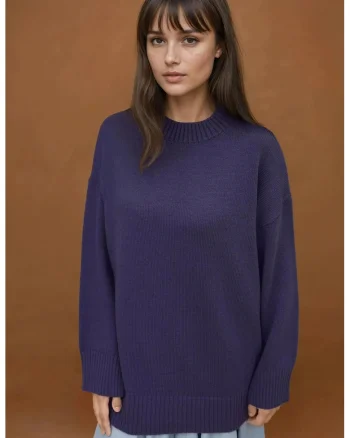 Pulover dama,  lung tricotat din material gros, guler rotund, albastru lavanda, tricot