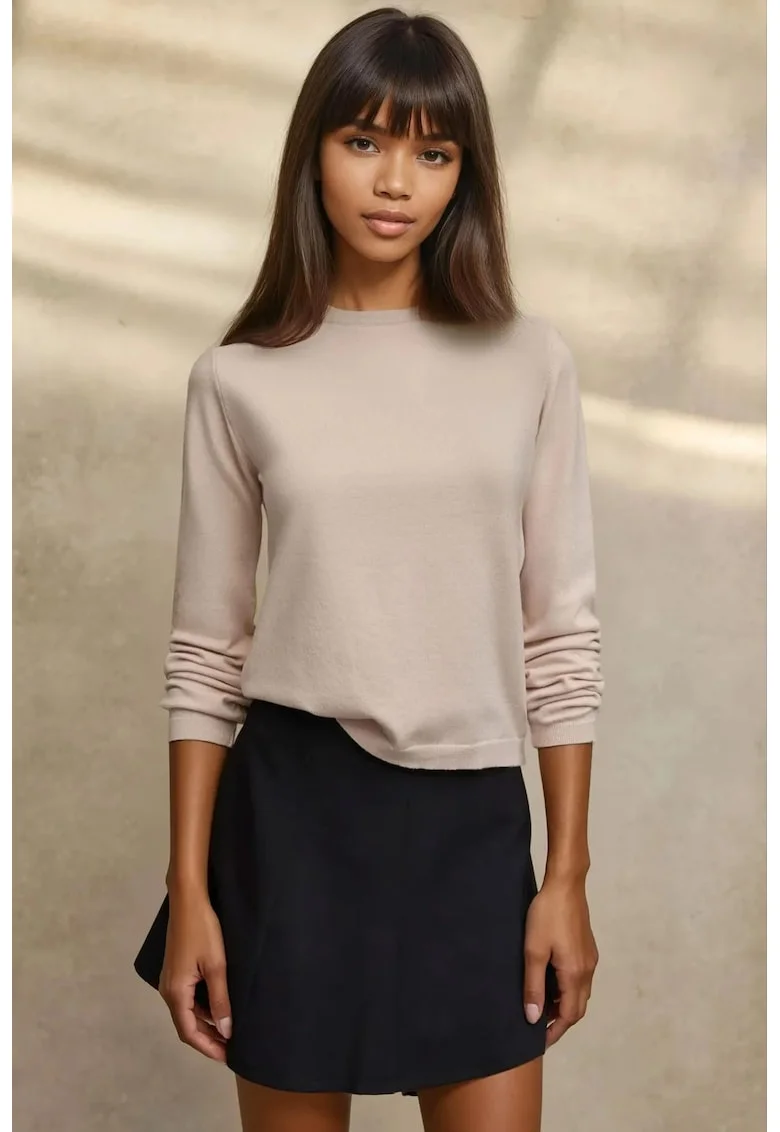 Pulover dama,  basic, guler rotund, bej, tricot