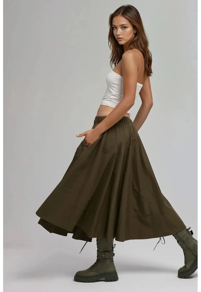 Fusta maxi  croiala in forma de A, verde, textil