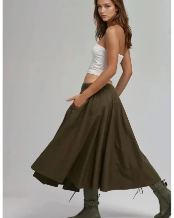 Fusta maxi  croiala in forma de A, verde, textil