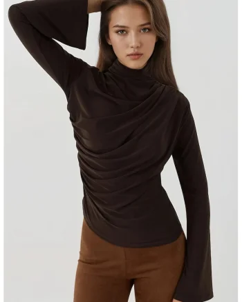 Bluza dama,  eleganta, tricot, maneca lunga, croiala slim, maro