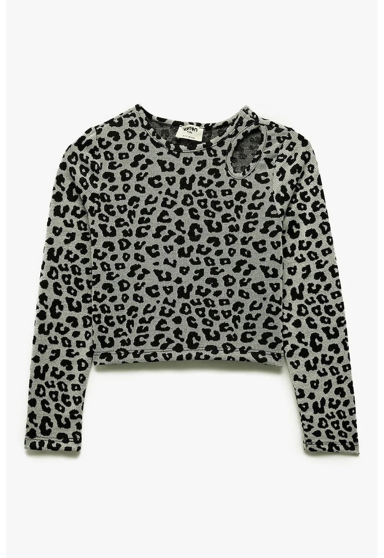 Bluza crop cu animal print, Negru/Gri