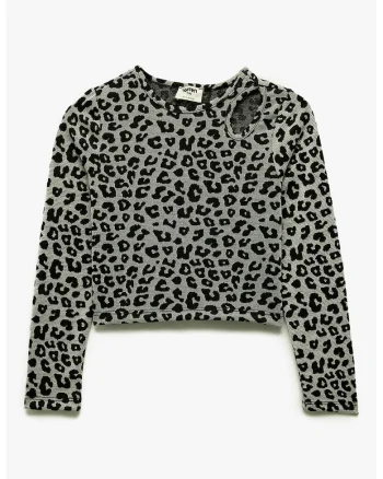 Bluza crop cu animal print, Negru/Gri