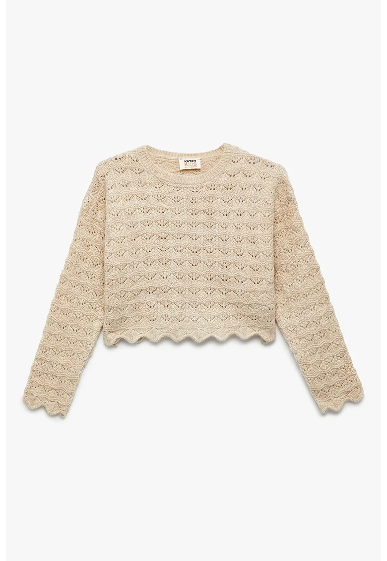 Pulover crop cu terminatii valurite, Crem