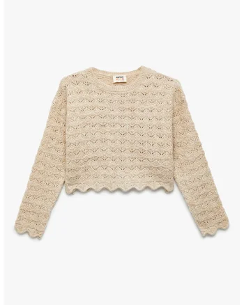 Pulover crop cu terminatii valurite, Crem