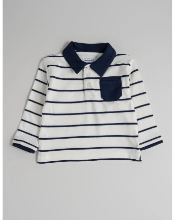 Bluza polo din bumbac cu model in dungi, Alb/Bleumarin