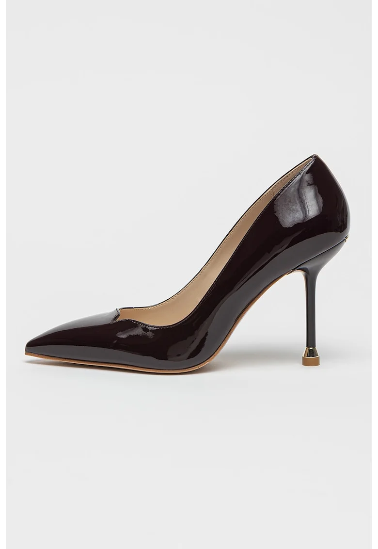 Pantofi de piele ecologica lacuita cu varf ascutit si toc, Violet aubergine