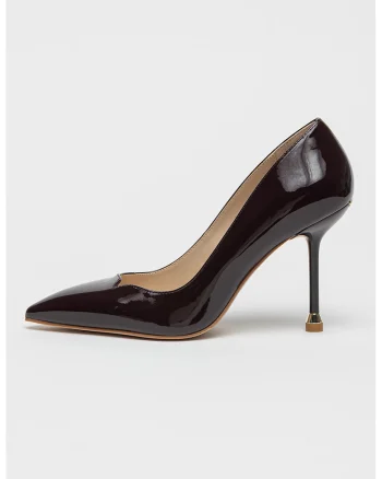 Pantofi de piele ecologica lacuita cu varf ascutit si toc, Violet aubergine