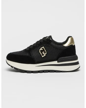 Pantofi sport cu garnituri de piele intoarsa si logo metalic, Auriu/Negru
