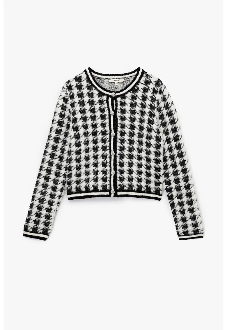Cardigan pufos cu modle houndstooth, Alb/Negru
