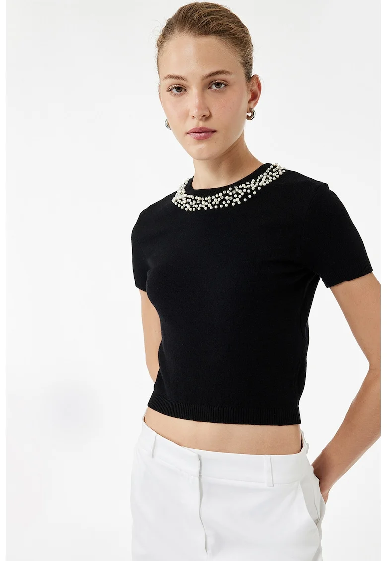 Tricou crop din tricot cu decolteu decorativ, Negru/Argintiu