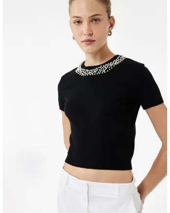 Tricou crop din tricot cu decolteu decorativ, Negru/Argintiu