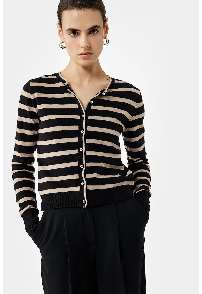 Cardigan tricotat fin cu model in dungi, Negru/Maro nisip