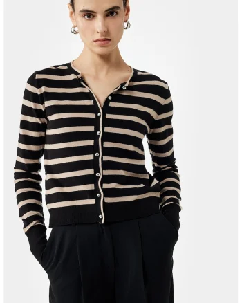Cardigan tricotat fin cu model in dungi, Negru/Maro nisip