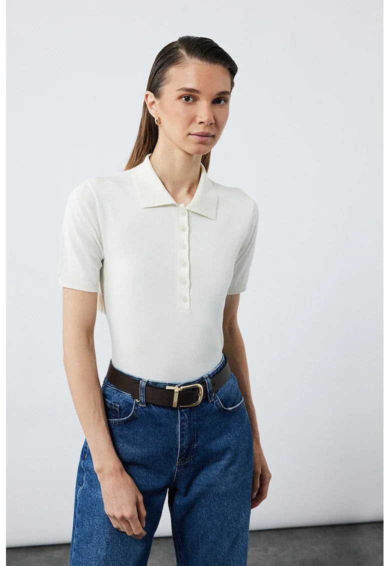 Tricou polo slim-fit cu model uni, Alb optic