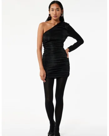 Rochie cu fronseuri si decolteu pe un umar, Negru