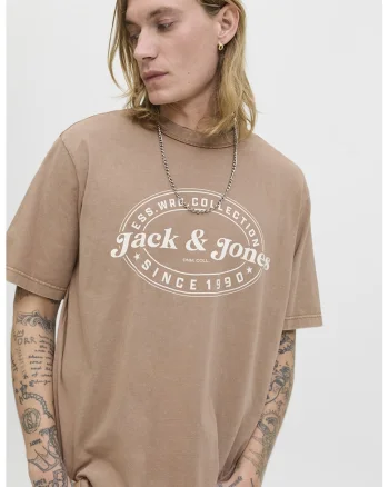 Tricou cu imprimeu si maneci cazute, Alb/Maro taupe