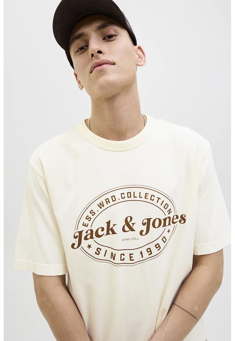 Tricou cu imprimeu si maneci cazute, Maro inchis/Crem