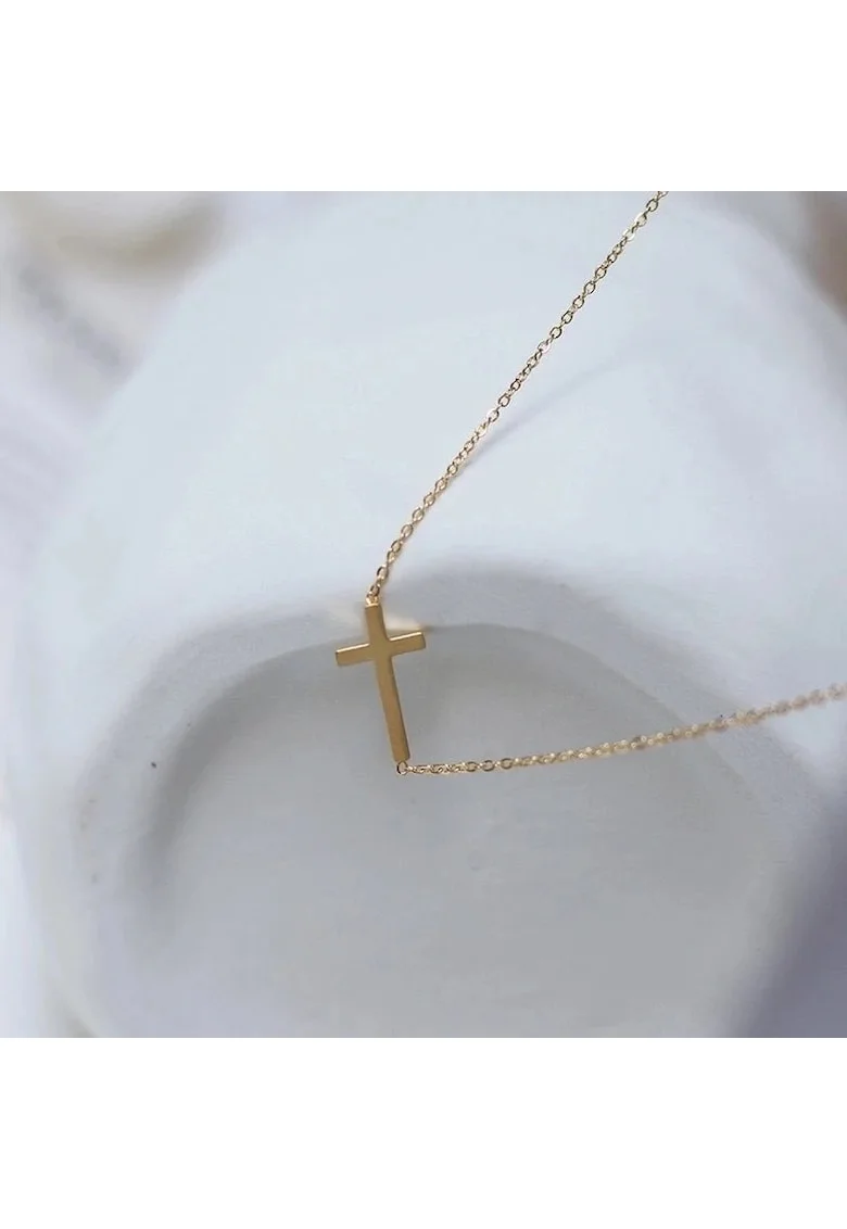 Colier auriu, din otel inoxidabil, suflat cu aur 18k, cu cruciulita delicata, Henki C3