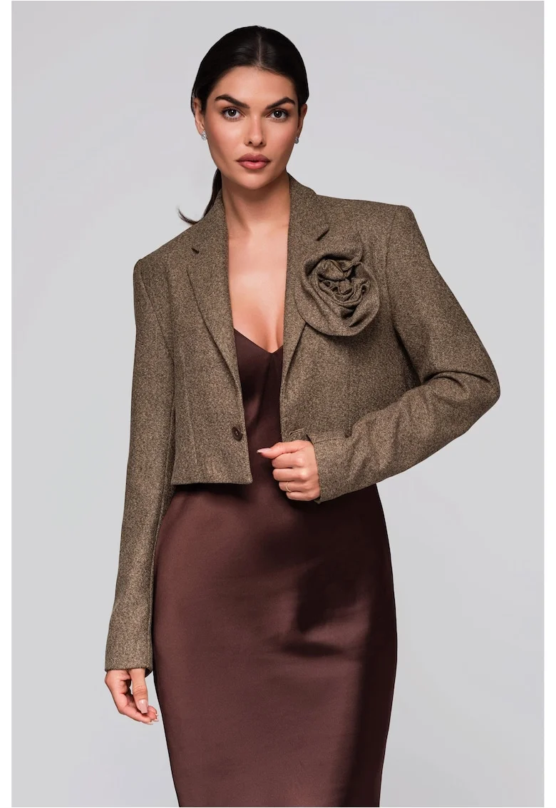 Sacou scurt elegant cu floare cusuta  LW-BLZB-0100, Bej inchis