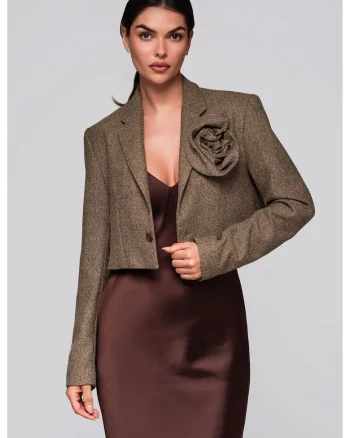 Sacou scurt elegant cu floare cusuta  LW-BLZB-0100, Bej inchis