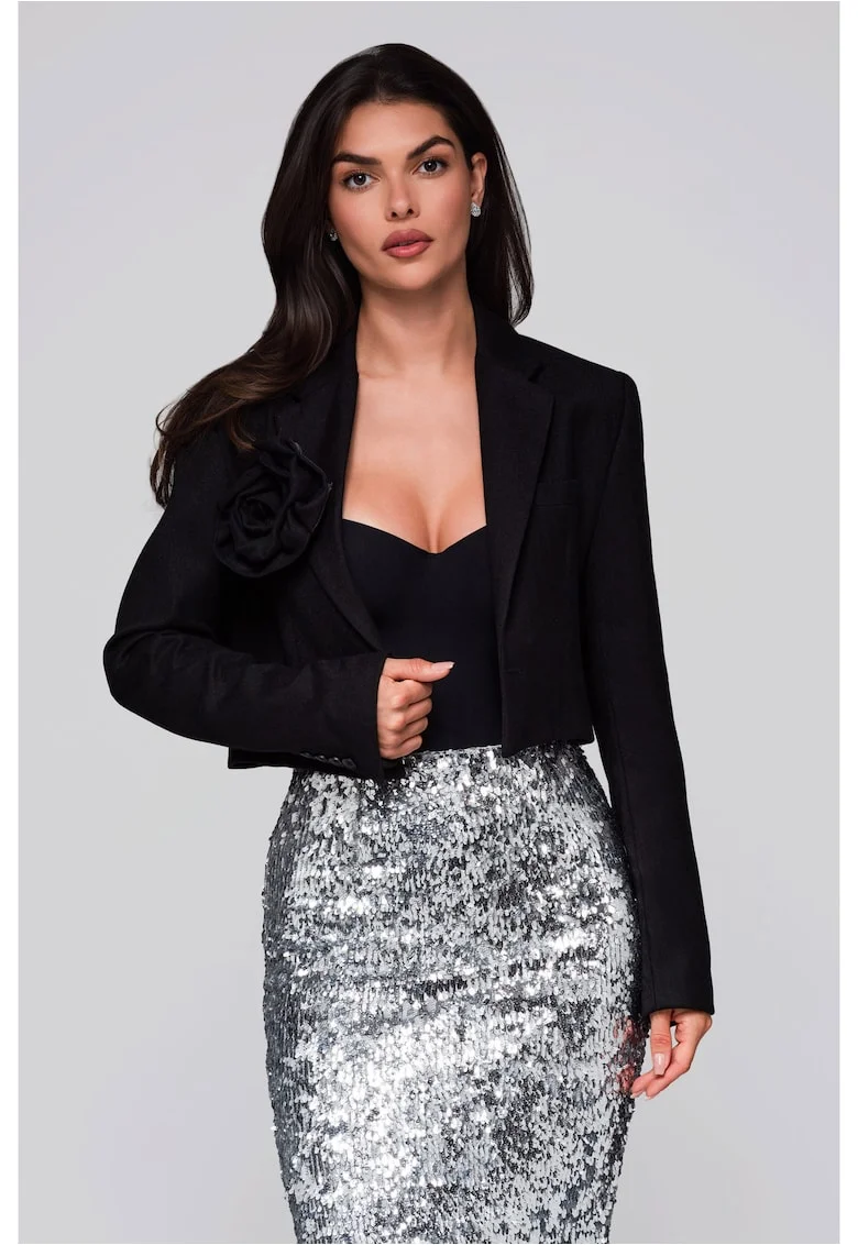 Sacou scurt elegant cu floare cusuta  LW-BLZB-0100, Negru