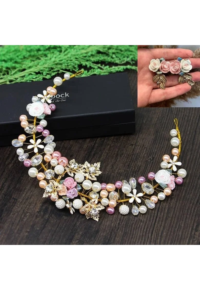 Set Coronita si Cercei, cu floricele si perle, Magrit C1,