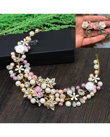 Set Coronita si Cercei, cu floricele si perle, Magrit C1,