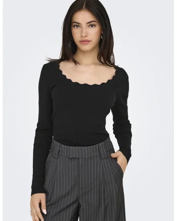 Bluza slim fit cu decolteu cu fronseuri, Negru