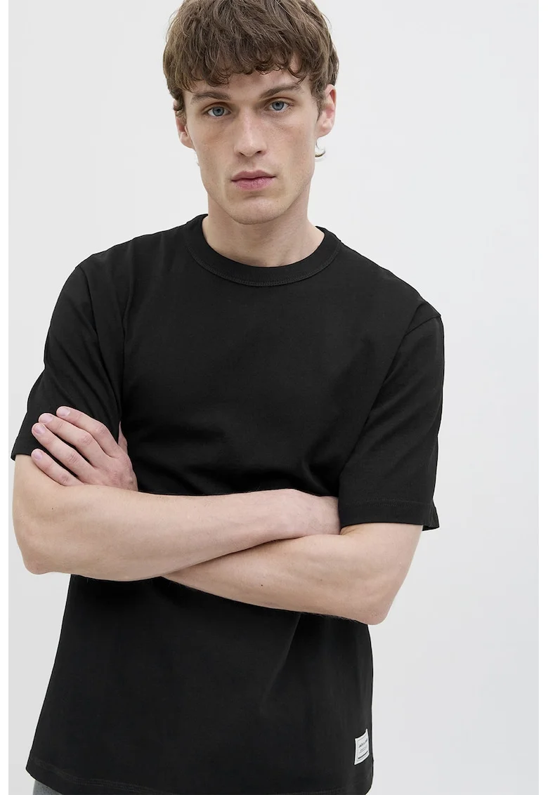 Tricou de bumbac cu decolteu la baza gatului, Negru