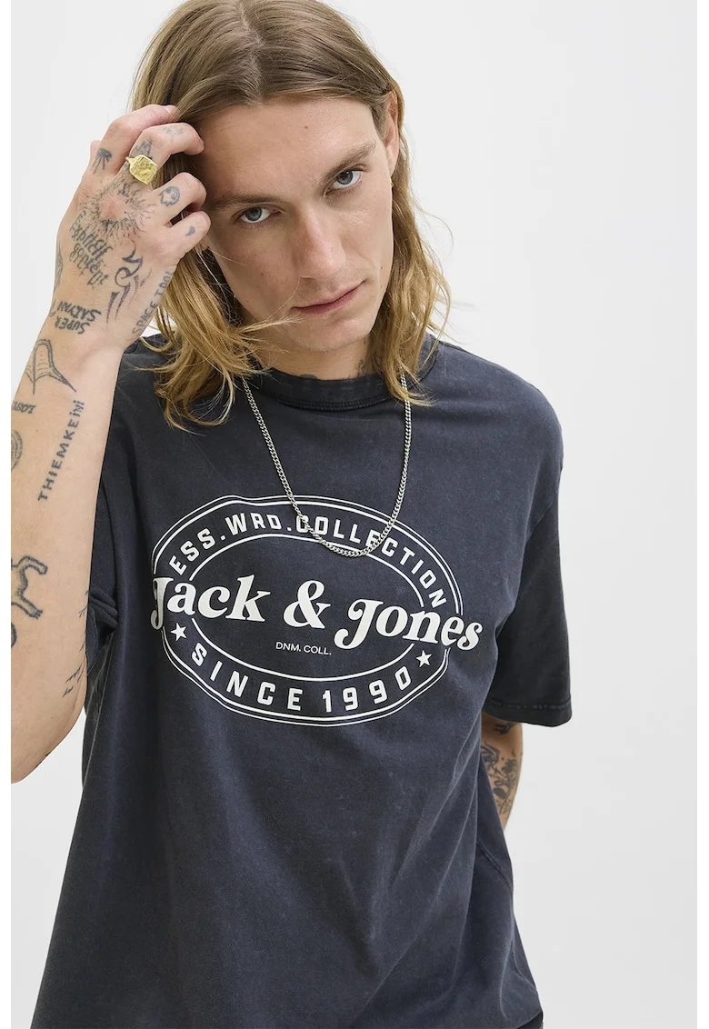 Tricou cu imprimeu si maneci cazute, Bleumarin