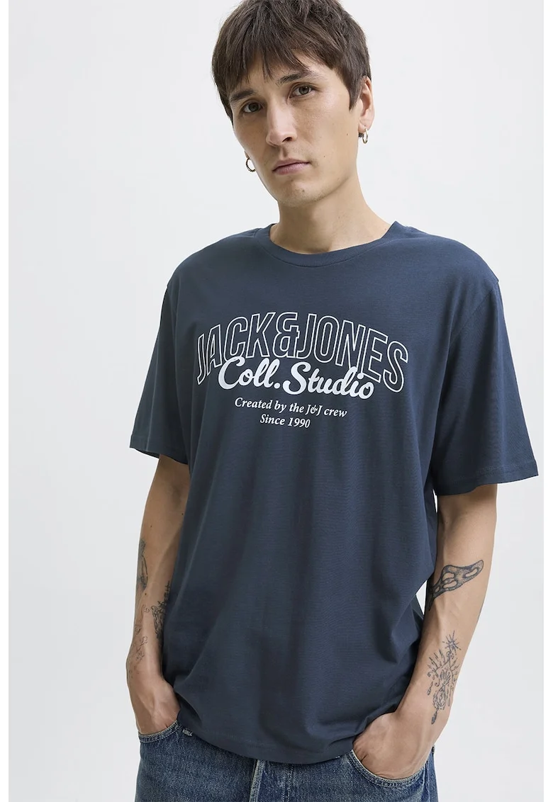 Tricou de bumbac cu imprimeu si decolteu la baza gatului, Gri/Gri carbune