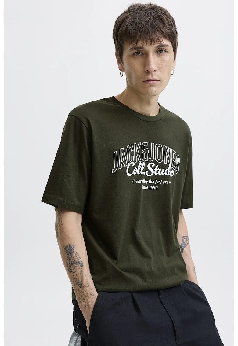 Tricou de bumbac cu imprimeu si decolteu la baza gatului, Kaki inchis