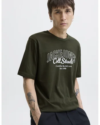 Tricou de bumbac cu imprimeu si decolteu la baza gatului, Kaki inchis
