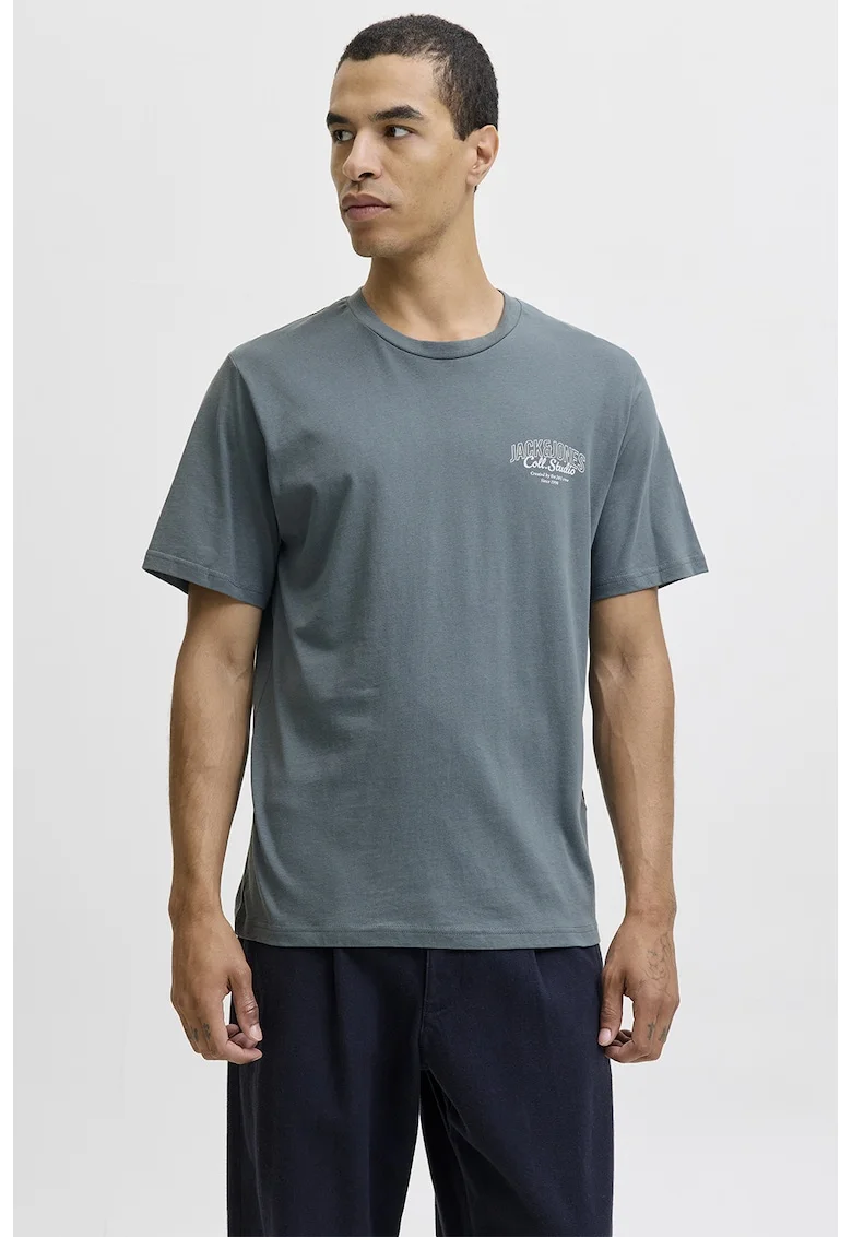 Tricou de bumbac cu imprimeu si decolteu la baza gatului, Gri carbune