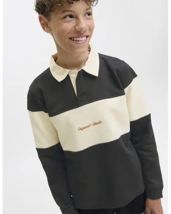 Bluza de trening cu guler polo, Negru stins/Crem