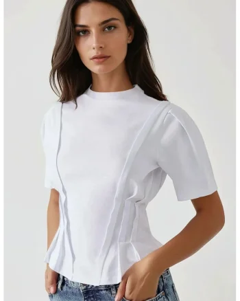 Tricou dama  jerseu, decolteu rotund, alb