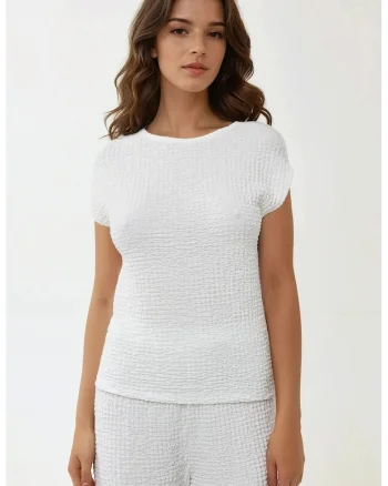 Bluza dama,  texturata, guler rotund, maneca scurta, alb, jerseu