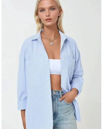 Camasa dama,  textil, cu dungi, albastru/alb